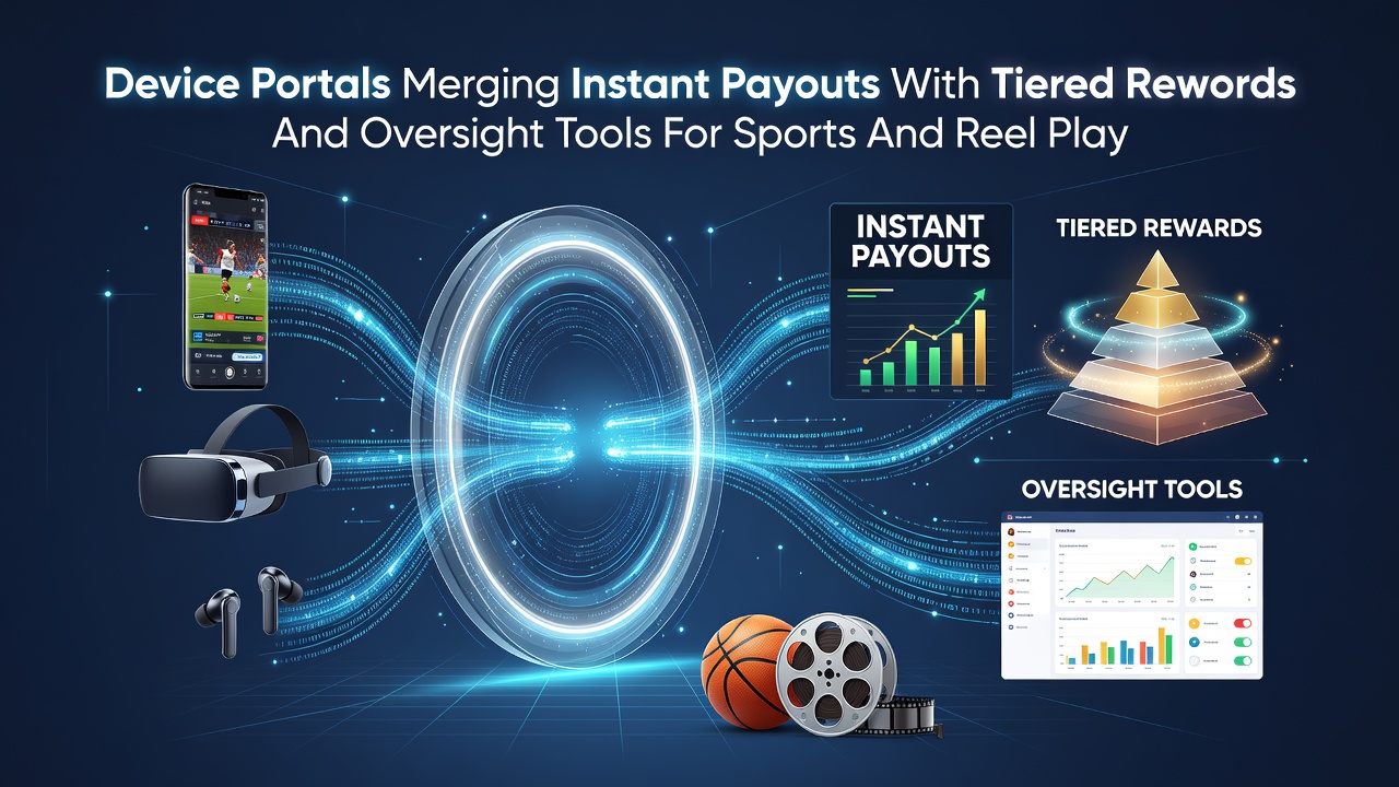 Device portal interface displaying instant payout options alongside tiered reward levels for sports and slots