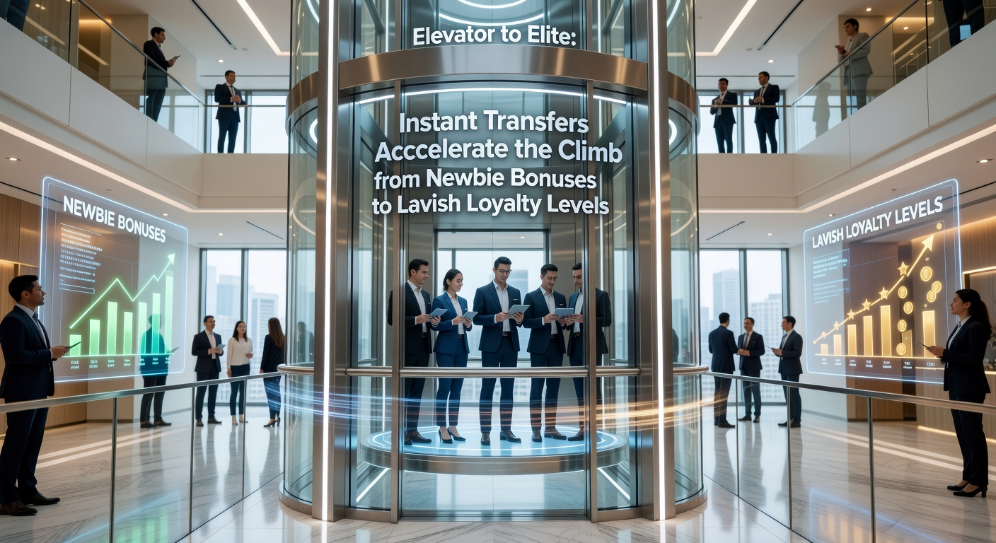 Digital elevator graphic showing rapid ascent from beginner bonuses to elite VIP loyalty tiers in online gaming platforms
