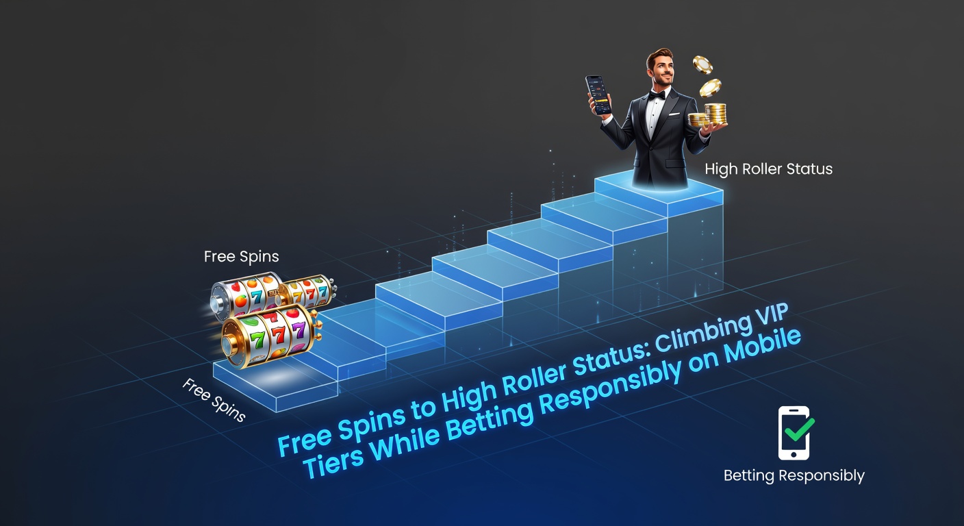Smartphone screen displaying a mobile casino app with VIP tier progression from free spins to high roller status, featuring loyalty points and responsible gaming tools