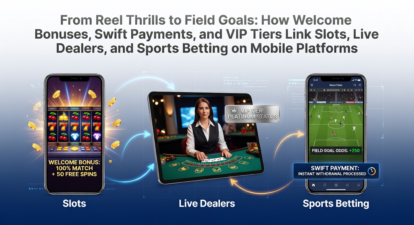 Vibrant mobile screen showing slots, live dealer blackjack, and sports betting odds side by side, with bonus icons and fast payment symbols overlayed