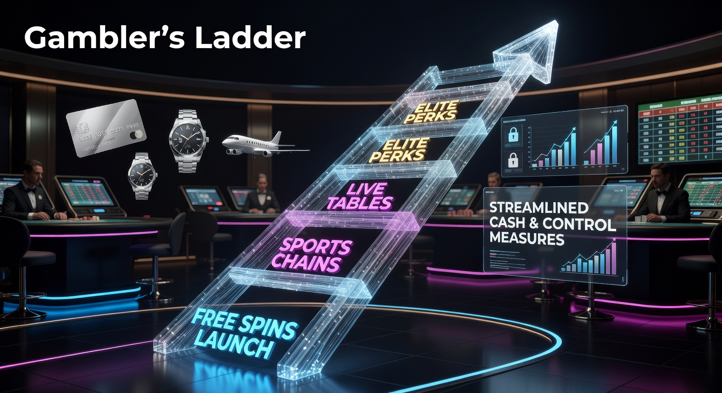 Illustration of a ladder ascending through casino games from slots to tables and sports betting icons, symbolizing player progression in gambler's ladder systems