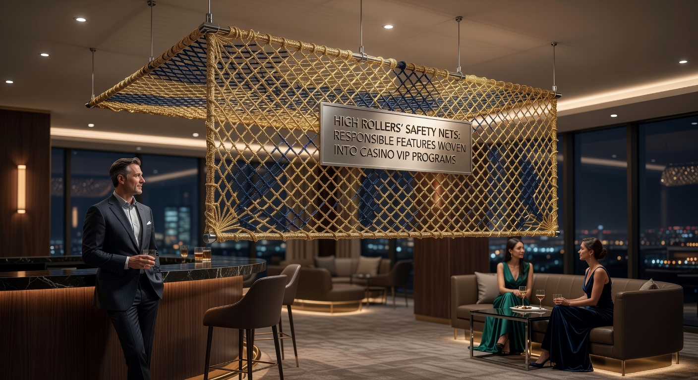 Elegant VIP lounge in a casino where high rollers enjoy personalized service alongside subtle responsible gaming reminders on screens and tablets