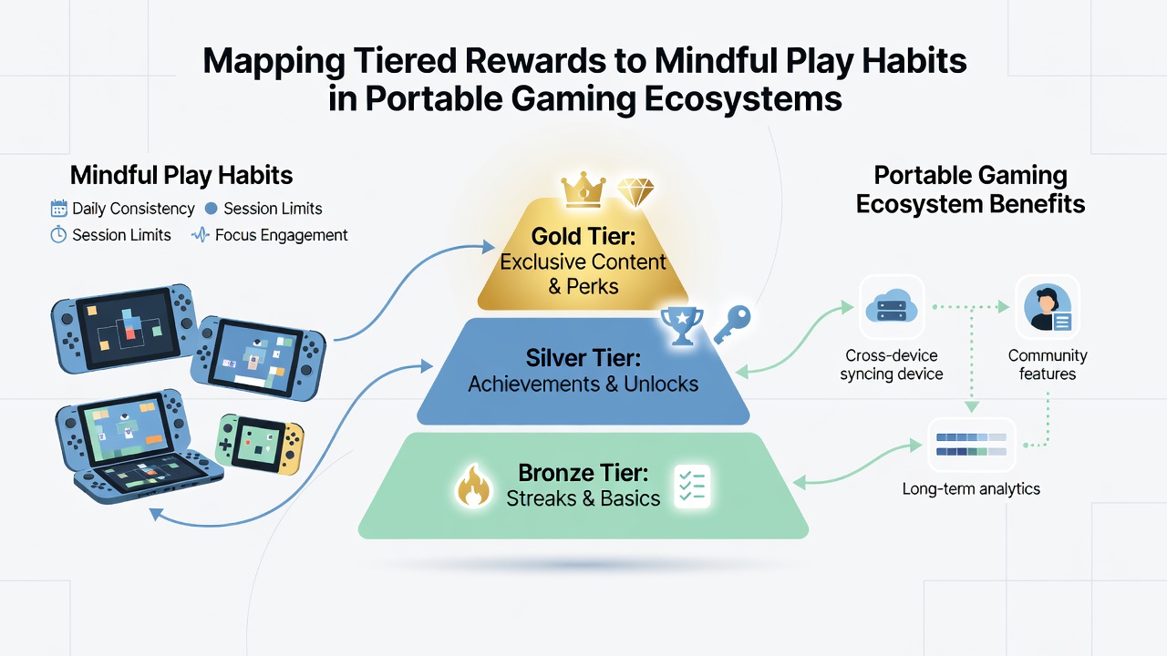 Player reviewing mindful play statistics alongside tier progress in a portable game app