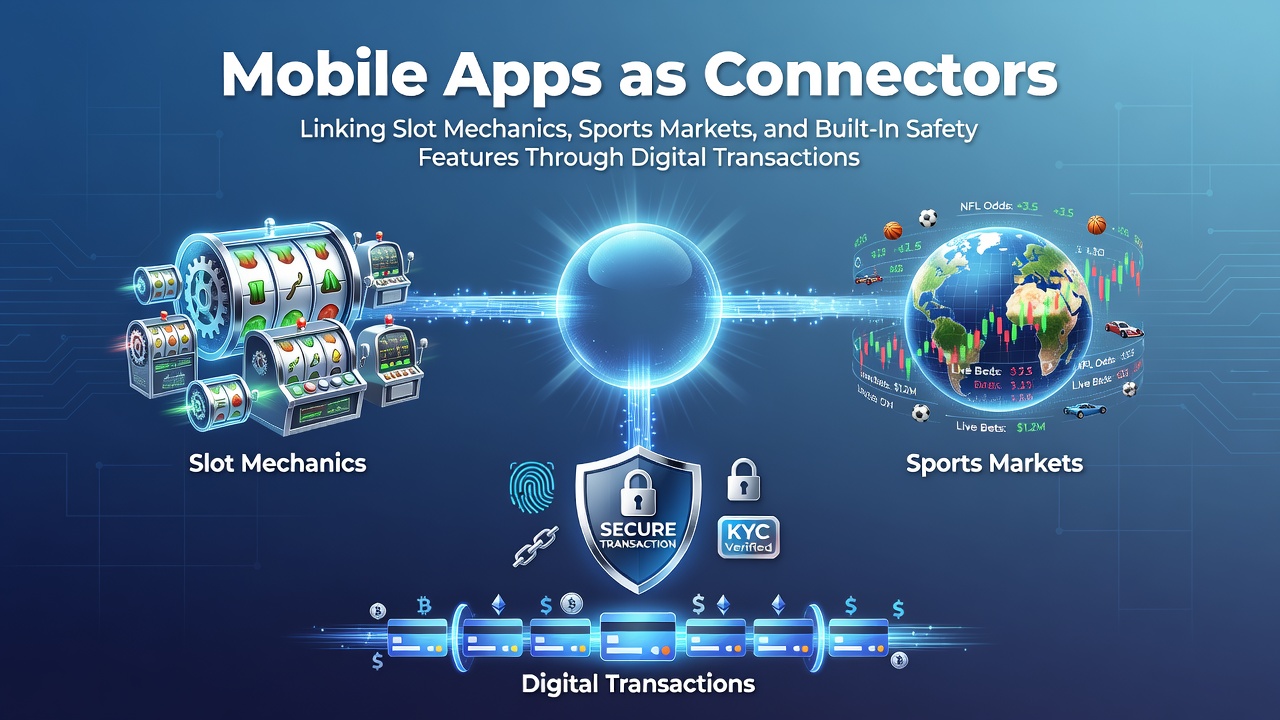 Mobile app interface showing integrated slot games, sports betting markets, and transaction security features