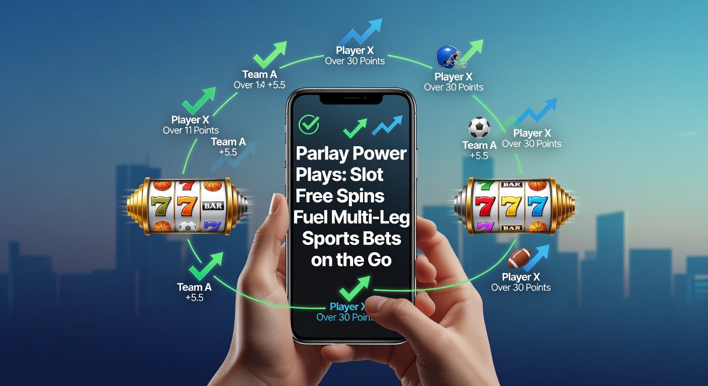 Smartphone screen displaying vibrant slot free spins bonus alongside a multi-leg parlay bet slip for NBA and NFL games, highlighting mobile betting integration