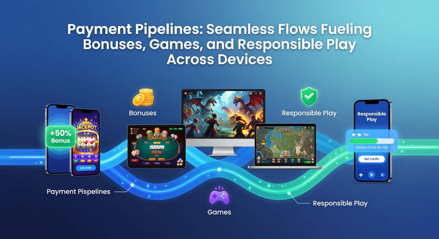 Digital payment streams flowing through casino icons representing bonuses, games, and security locks across mobile, tablet, and desktop devices
