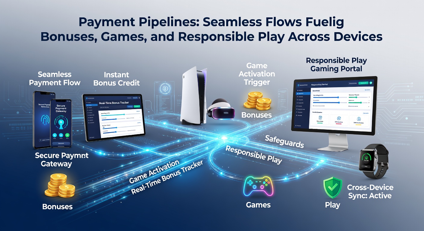 Illustration of a payment pipeline diagram connecting deposit icons to cascading bonus rewards, game reels, and safety barriers on various screens