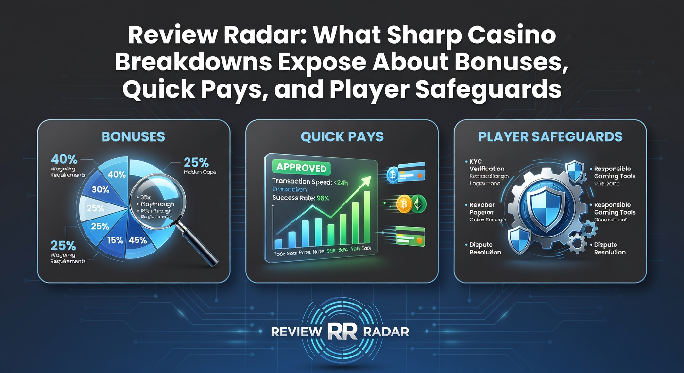 Casino review dashboard highlighting bonus terms, payout speeds, and safety features on a digital screen