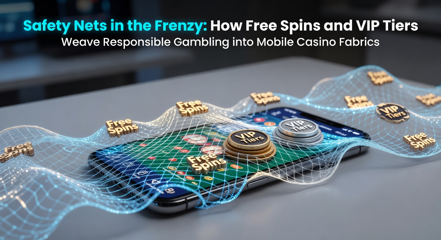 Mobile casino interface showing free spins activation and VIP tier progress bar, highlighting safety features like deposit limits