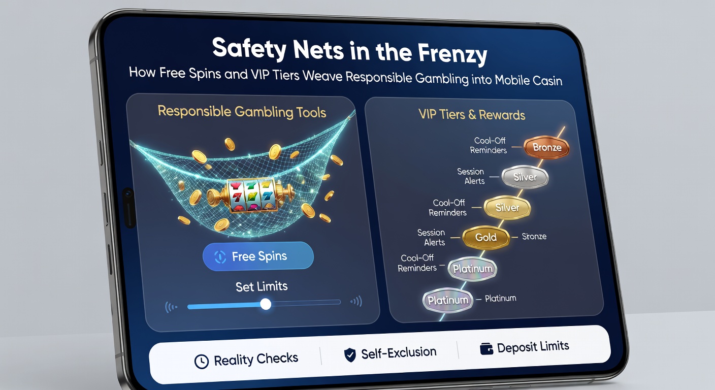 VIP tier pyramid graphic on a mobile screen, illustrating progression from free spins to advanced responsible gaming tools like self-limits and support links