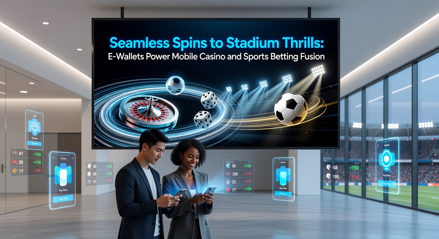 Illustration of e-wallet icons linking slot machines, roulette wheels, and sports stadiums on a unified mobile dashboard