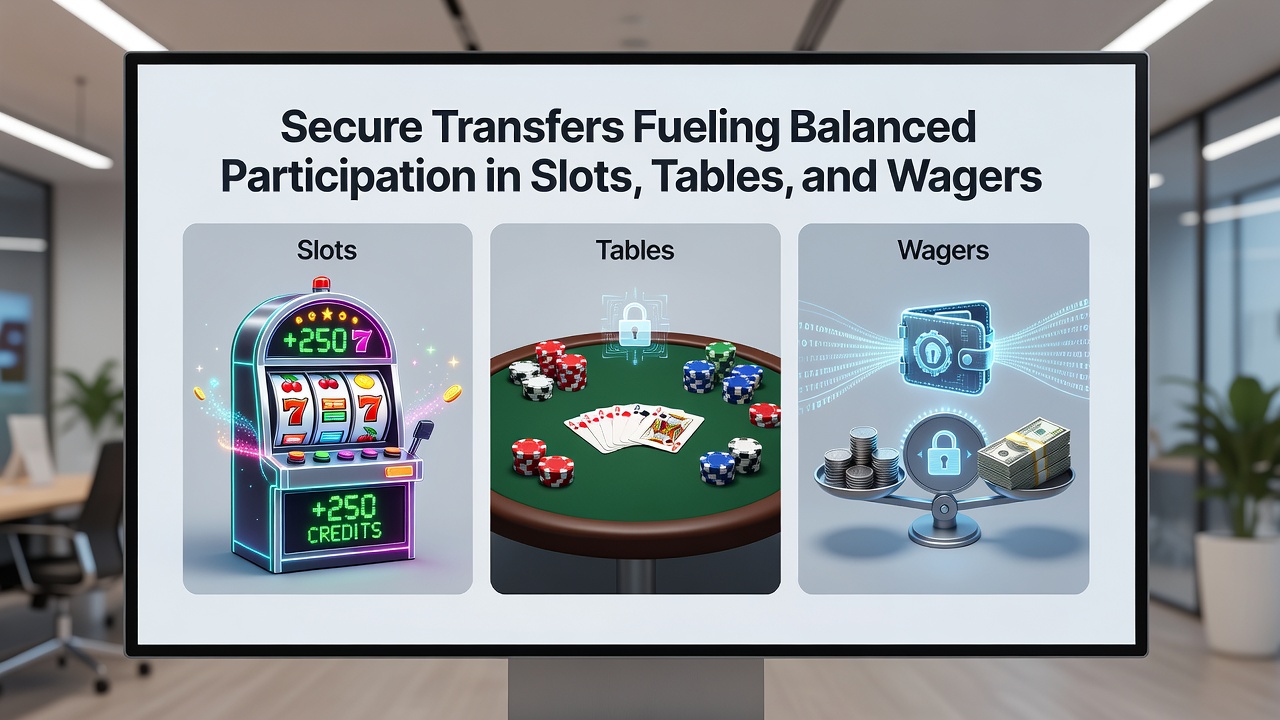 Mobile interface displaying secure transfer options between slots, live tables, and sports wagering sections