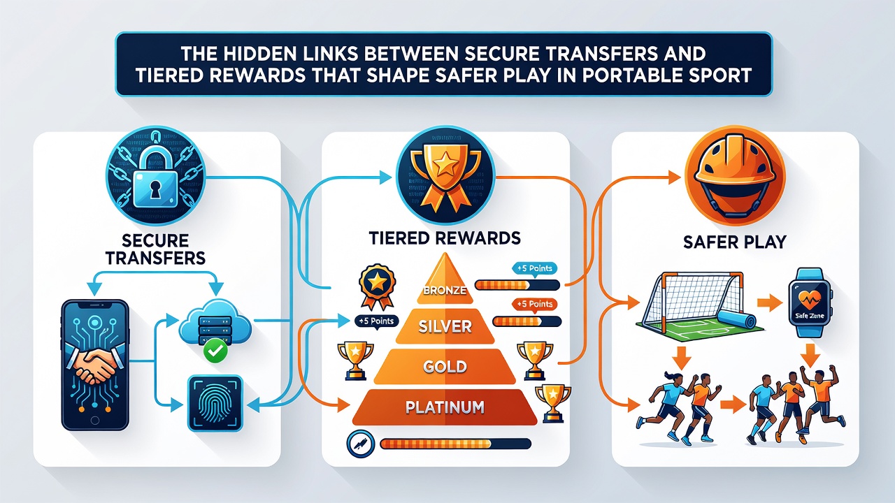Mobile interface displaying tiered rewards dashboard alongside secure transfer confirmation and responsible play tools