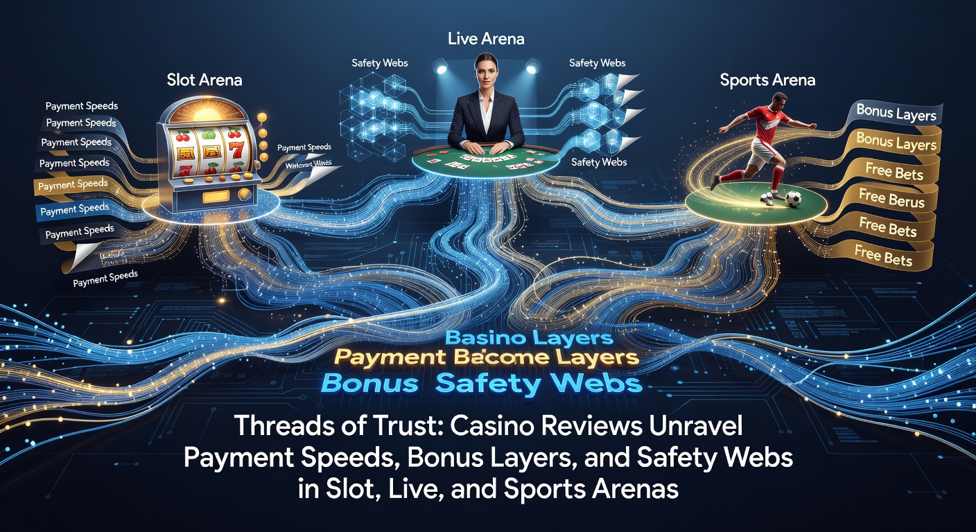 Casino review dashboard highlighting payout timers, bonus tiers, and security icons across slots, live dealers, and sports odds