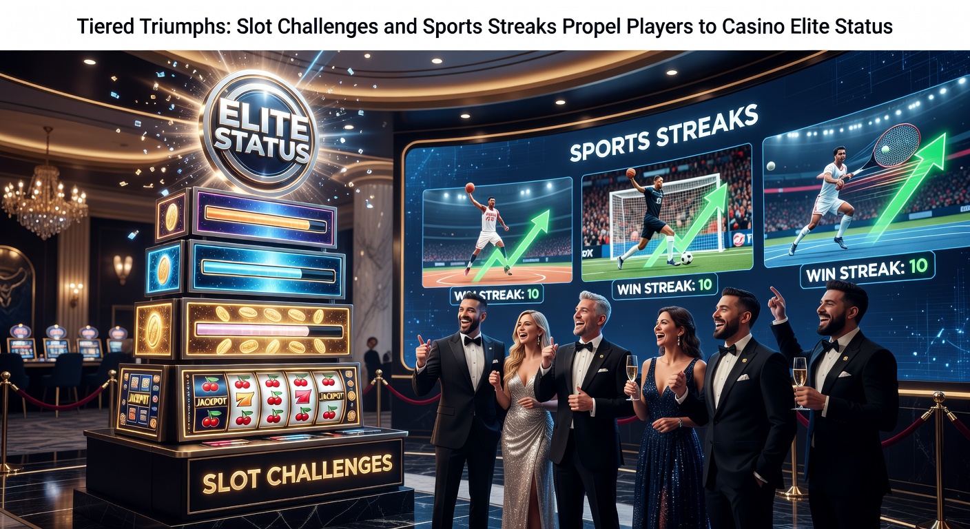 Casino players celebrating advancement through tiered loyalty levels with slot machines and sports betting screens in the background