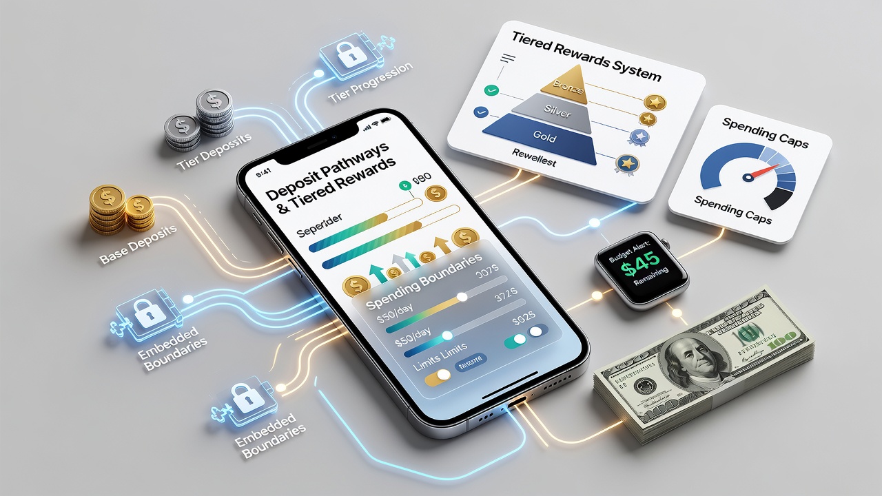 Illustration of deposit pathways flowing through mobile wagering app interfaces with reward tiers and spending boundary indicators