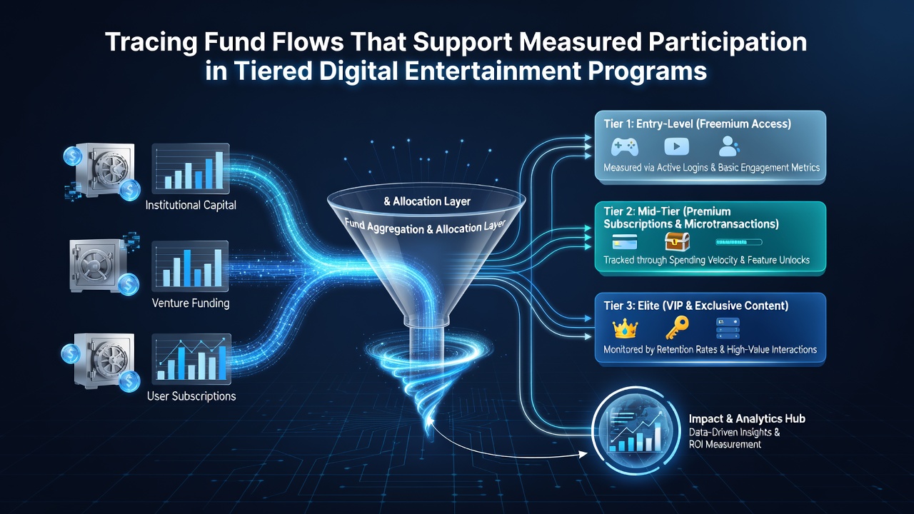 Dashboard screenshot showing real-time fund flow visualization across entertainment program tiers