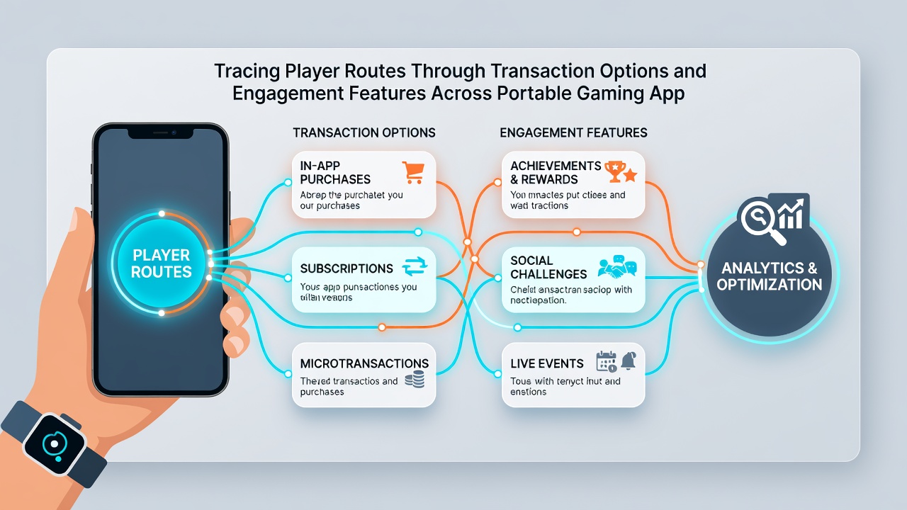 Analytics dashboard displaying player route mapping through mobile gaming transactions and engagement metrics